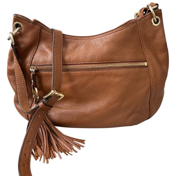 Michael Kors Crossbody Bag Pebbled Leather Fringe Tassel Gold Tone Hardware Logo - Picture 2 of 16